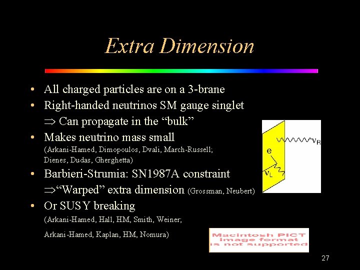 Extra Dimension • All charged particles are on a 3 -brane • Right-handed neutrinos