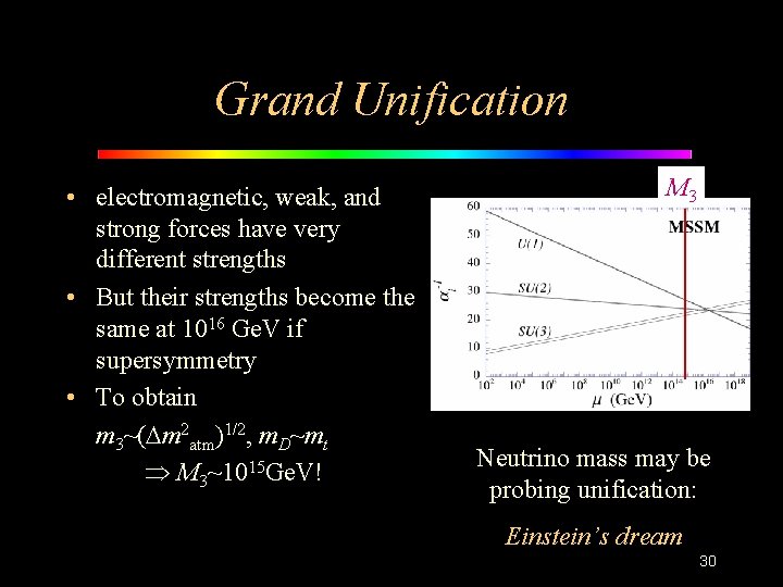 Grand Unification • electromagnetic, weak, and strong forces have very different strengths • But