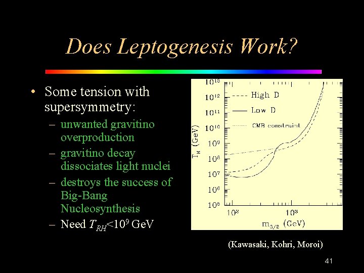 Does Leptogenesis Work? • Some tension with supersymmetry: – unwanted gravitino overproduction – gravitino