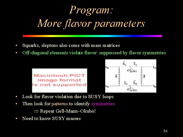 Program: More flavor parameters • Squarks, sleptons also come with mass matrices • Off-diagonal