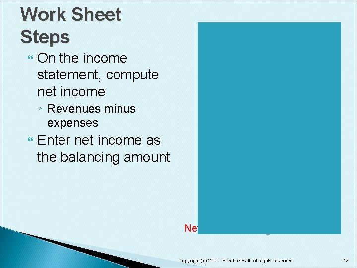 Work Sheet Steps On the income statement, compute net income ◦ Revenues minus expenses