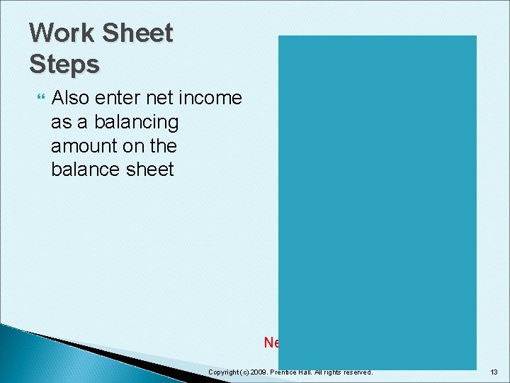 Work Sheet Steps Also enter net income as a balancing amount on the balance