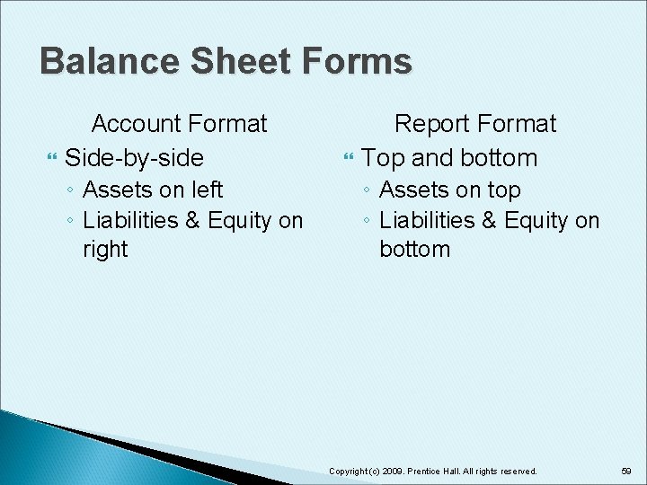 Balance Sheet Forms Account Format Side-by-side ◦ Assets on left ◦ Liabilities & Equity