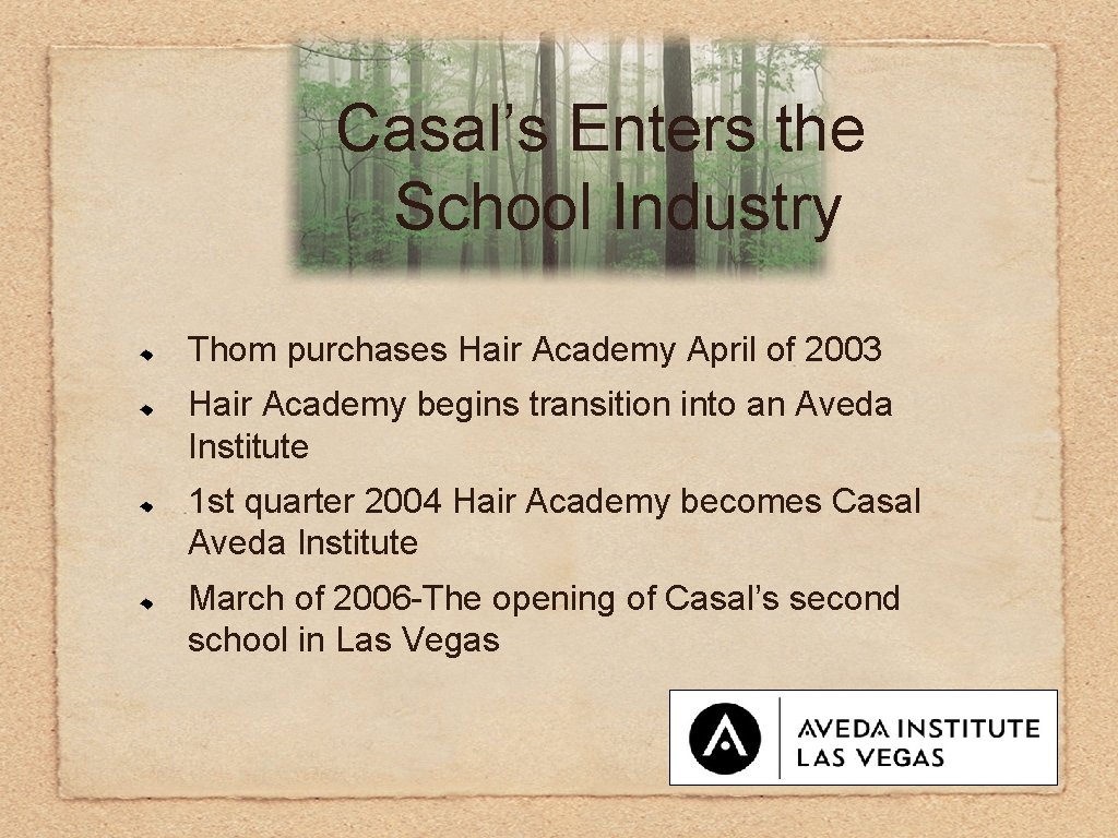 Casal’s Enters the School Industry Thom purchases Hair Academy April of 2003 Hair Academy