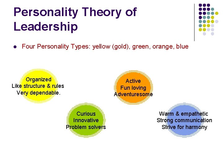 Personality Theory of Leadership l Four Personality Types: yellow (gold), green, orange, blue Organized