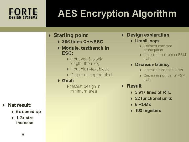 AES Encryption Algorithm 4 Starting point 4 386 lines C++/ESC 4 Module, testbench in AES Encryption Algorithm 4 Starting point 4 386 lines C++/ESC 4 Module, testbench in