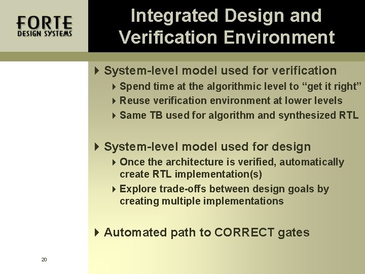 Integrated Design and Verification Environment 4 System-level model used for verification 4 Spend time Integrated Design and Verification Environment 4 System-level model used for verification 4 Spend time