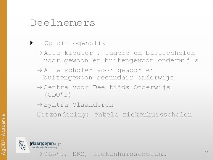Ag. ODi - Academie Deelnemers Op dit ogenblik Alle kleuter-, lagere en basisscholen voor