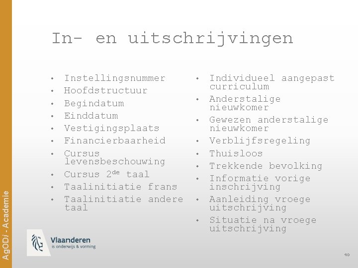 In- en uitschrijvingen • • Ag. ODi - Academie • • • Instellingsnummer Hoofdstructuur