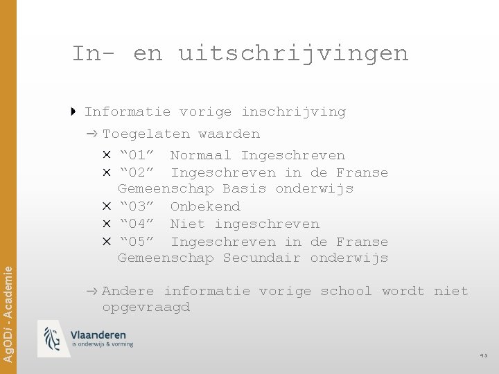 Ag. ODi - Academie In- en uitschrijvingen Informatie vorige inschrijving Toegelaten waarden “ 01”
