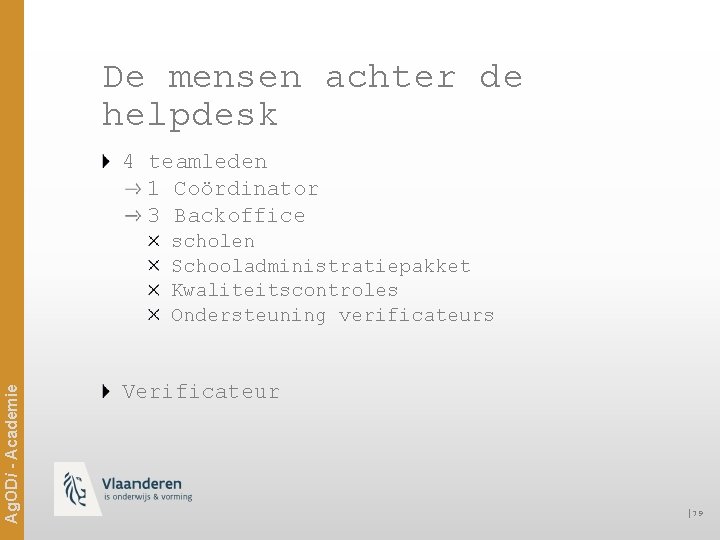 De mensen achter de helpdesk 4 teamleden 1 Coördinator 3 Backoffice Ag. ODi -