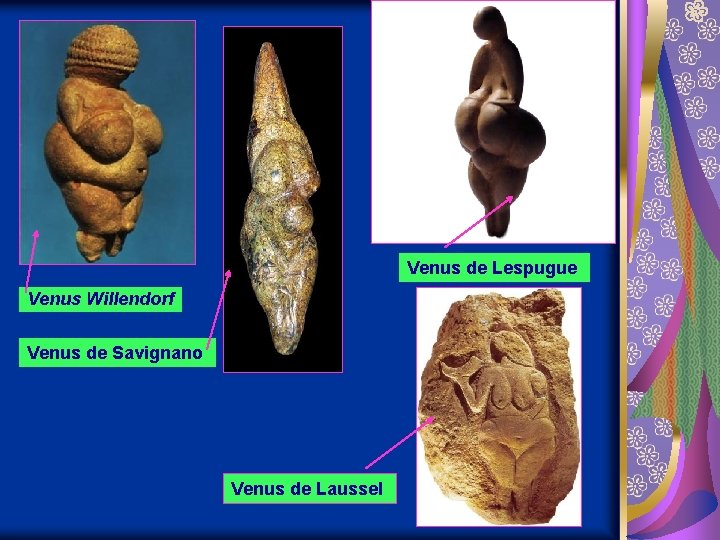 Venus de Lespugue Venus Willendorf Venus de Savignano Venus de Laussel 