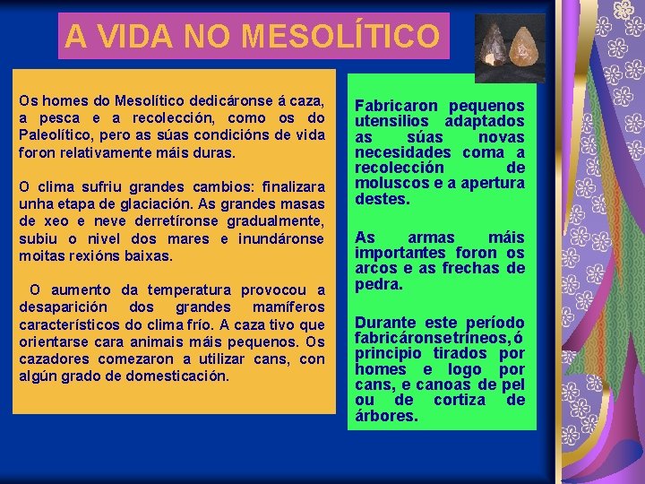 A VIDA NO MESOLÍTICO Os homes do Mesolítico dedicáronse á caza, a pesca e