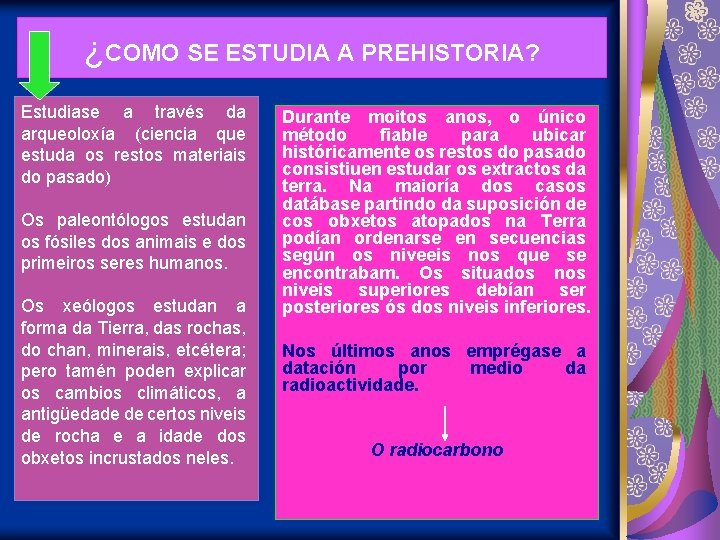 ¿COMO SE ESTUDIA A PREHISTORIA? Estudiase a través da arqueoloxía (ciencia que estuda os