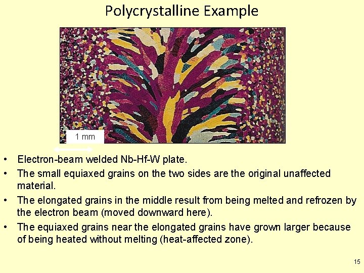 Polycrystalline Example 1 mm • Electron-beam welded Nb-Hf-W plate. • The small equiaxed grains