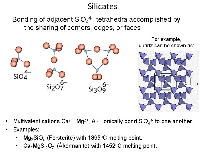 Silicates Bonding of adjacent Si. O 44 - tetrahedra accomplished by the sharing of