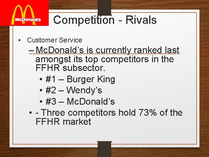 Competition - Rivals • Customer Service – Mc. Donald’s is currently ranked last amongst