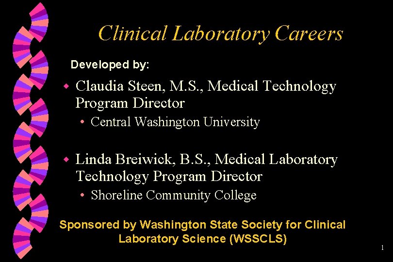 Clinical Laboratory Careers Developed by: w Claudia Steen, M. S. , Medical Technology Program