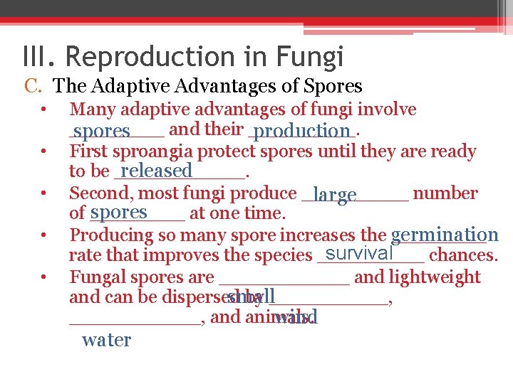 III. Reproduction in Fungi C. The Adaptive Advantages of Spores • • • Many