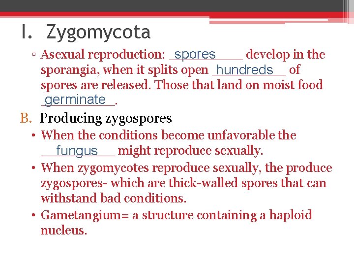I. Zygomycota ▫ Asexual reproduction: _____ develop in the spores sporangia, when it splits