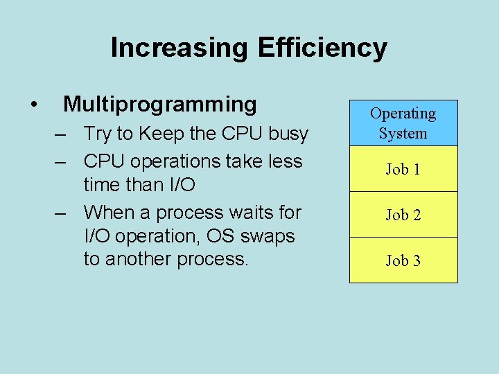 Increasing Efficiency • Multiprogramming – Try to Keep the CPU busy – CPU operations