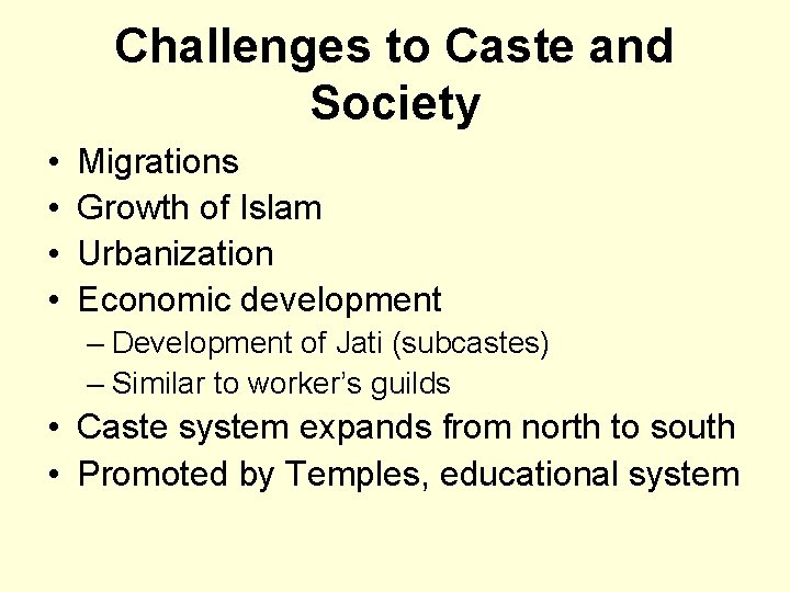 Challenges to Caste and Society • • Migrations Growth of Islam Urbanization Economic development