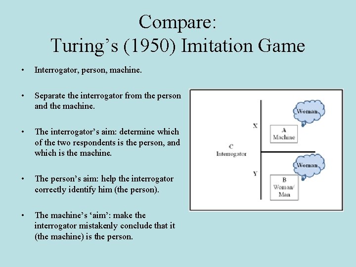 Compare: Turing’s (1950) Imitation Game • Interrogator, person, machine. • Separate the interrogator from Compare: Turing’s (1950) Imitation Game • Interrogator, person, machine. • Separate the interrogator from