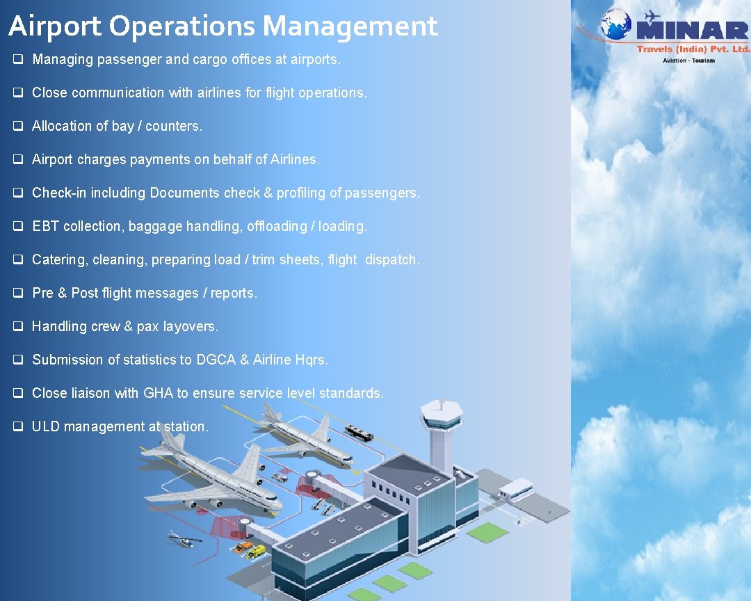 Airport Operations Management q Managing passenger and cargo offices at airports. q Close communication