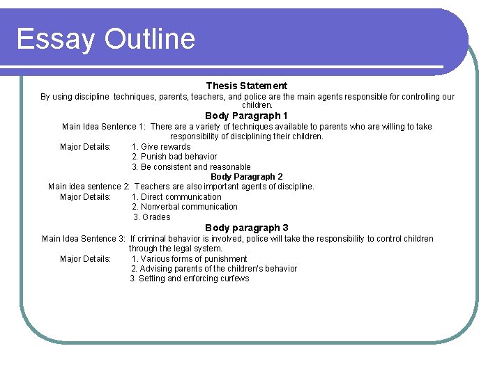 Essay Outline Thesis Statement By using discipline techniques, parents, teachers, and police are the Essay Outline Thesis Statement By using discipline techniques, parents, teachers, and police are the