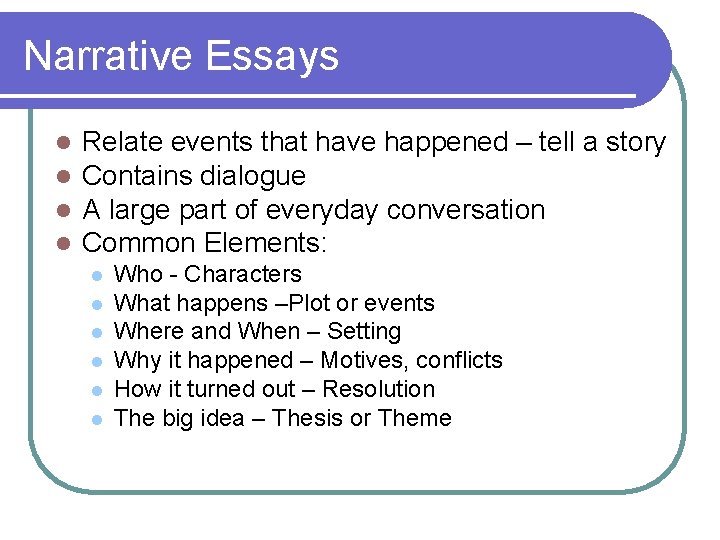 Narrative Essays l l Relate events that have happened – tell a story Contains Narrative Essays l l Relate events that have happened – tell a story Contains