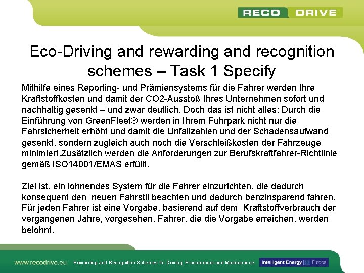 Eco-Driving and rewarding and recognition schemes – Task 1 Specify Mithilfe eines Reporting- und