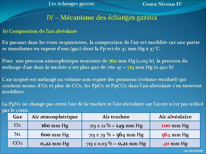 Les échanges gazeux Cours Niveau IV IV – Mécanisme des échanges gazeux b) Composition