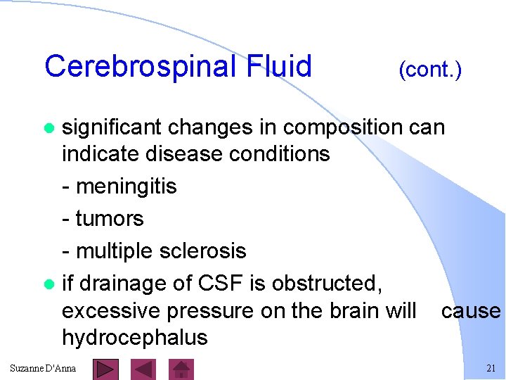 Cerebrospinal Fluid (cont. ) significant changes in composition can indicate disease conditions - meningitis