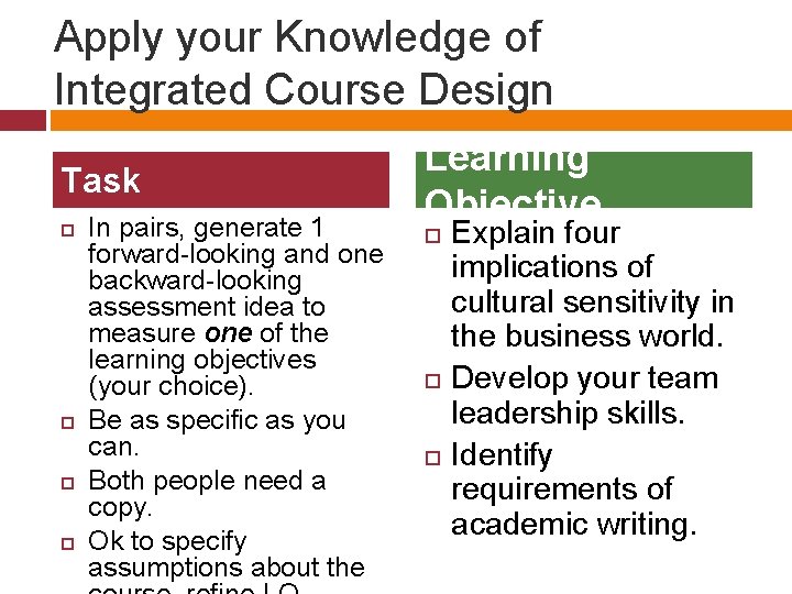 Apply your Knowledge of Integrated Course Design Task In pairs, generate 1 forward-looking and