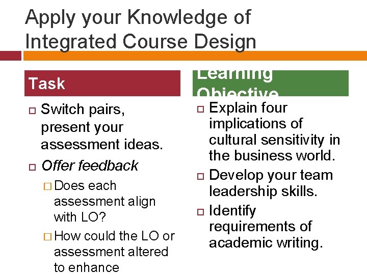 Apply your Knowledge of Integrated Course Design Task Switch pairs, present your assessment ideas.