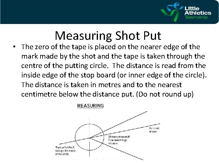 Measuring Shot Put • The zero of the tape is placed on the nearer