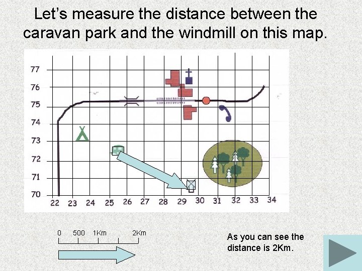 Let’s measure the distance between the caravan park and the windmill on this map.