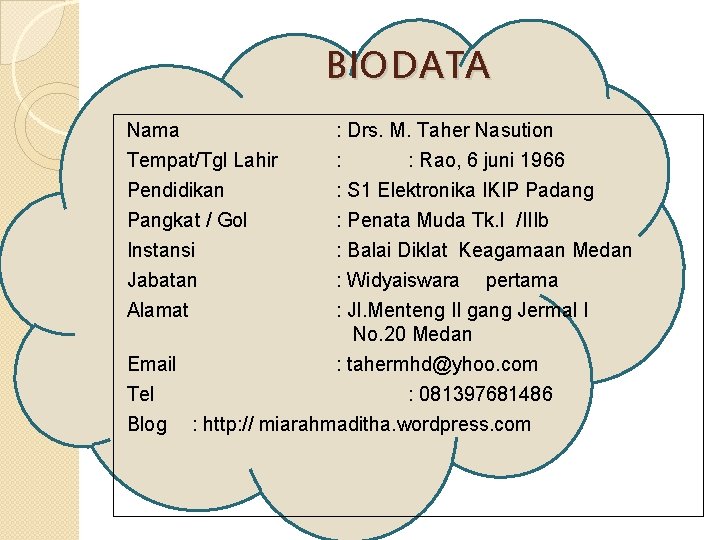 BIODATA Nama Tempat/Tgl Lahir Pendidikan Pangkat / Gol Instansi Jabatan Alamat : Drs. M.