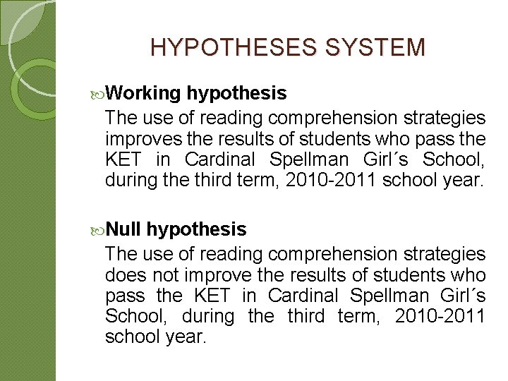 HYPOTHESES SYSTEM Working hypothesis The use of reading comprehension strategies improves the results of HYPOTHESES SYSTEM Working hypothesis The use of reading comprehension strategies improves the results of