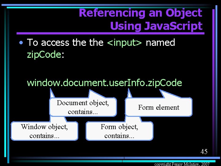 Referencing an Object Using Java. Script • To access the <input> named zip. Code: