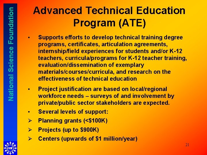National Science Foundation Advanced Technical Education Program (ATE) • Supports efforts to develop technical National Science Foundation Advanced Technical Education Program (ATE) • Supports efforts to develop technical