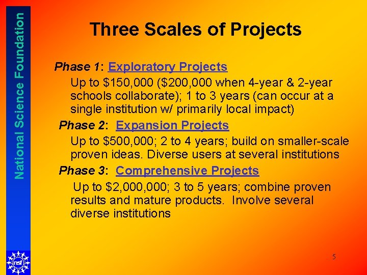 National Science Foundation Three Scales of Projects Phase 1: Exploratory Projects Up to $150, National Science Foundation Three Scales of Projects Phase 1: Exploratory Projects Up to $150,