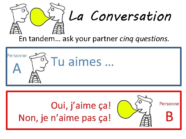 La Conversation En tandem… ask your partner cinq questions. Personne A Tu aimes … La Conversation En tandem… ask your partner cinq questions. Personne A Tu aimes …