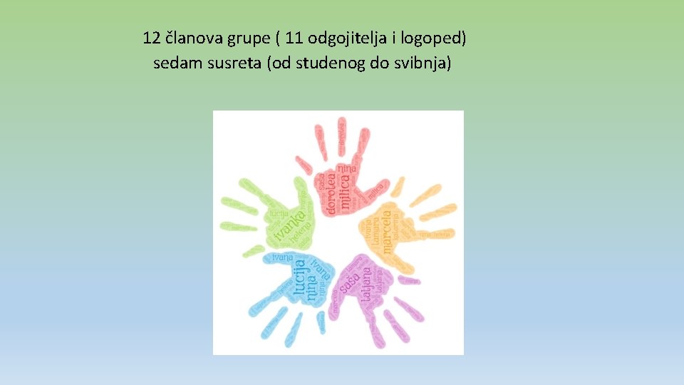 12 članova grupe ( 11 odgojitelja i logoped) sedam susreta (od studenog do svibnja)