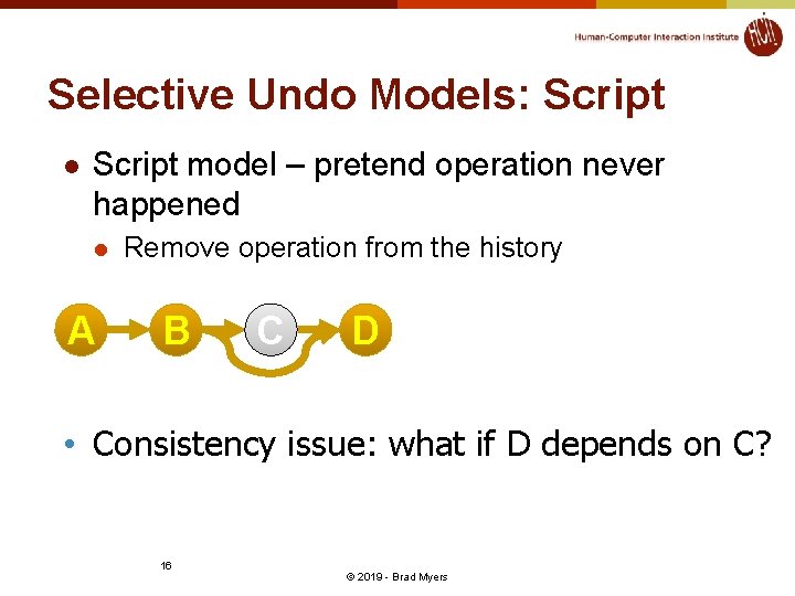 Selective Undo Models: Script l Script model – pretend operation never happened l A