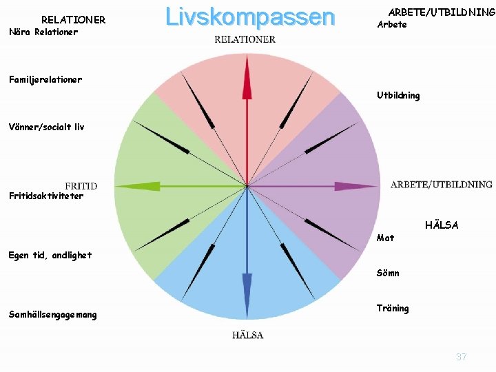 RELATIONER Nära Relationer Livskompassen ARBETE/UTBILDNING Arbete Familjerelationer Utbildning Vänner/socialt liv Fritidsaktiviteter Mat HÄLSA Egen