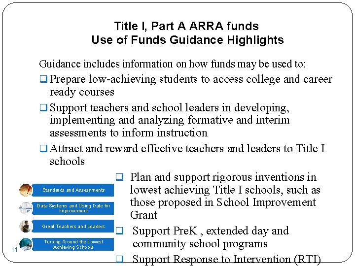 Title I, Part A ARRA funds Use of Funds Guidance Highlights Guidance includes information