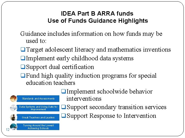 IDEA Part B ARRA funds Use of Funds Guidance Highlights Guidance includes information on