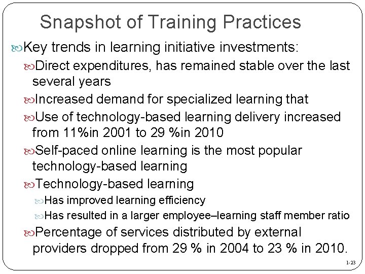 Snapshot of Training Practices Key trends in learning initiative investments: Direct expenditures, has remained