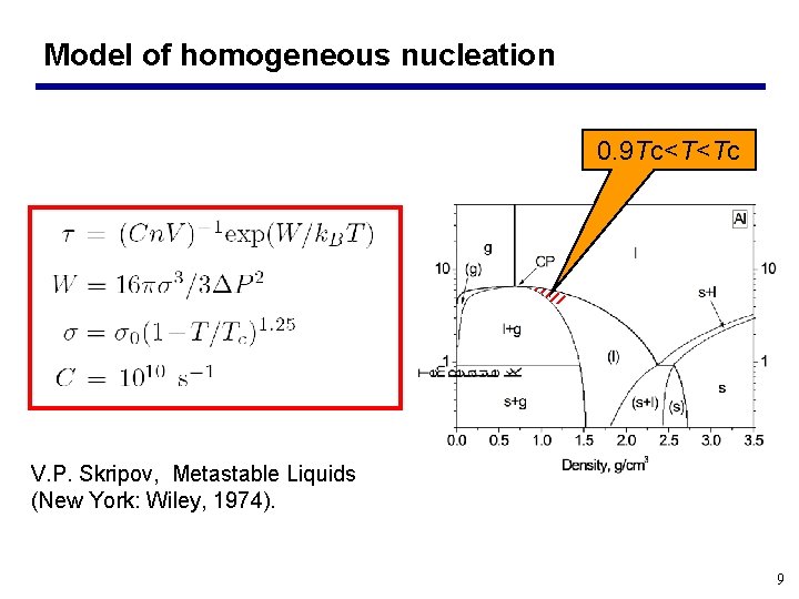 Model of homogeneous nucleation 0. 9 Tc<T<Tc V. P. Skripov, Metastable Liquids (New York:
